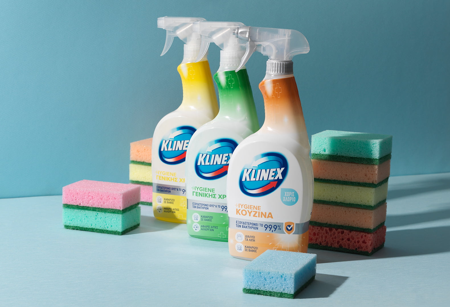 3 KLINEX HYGIENE SPRAYS AND STACKS OF CLEANING SPONGES
