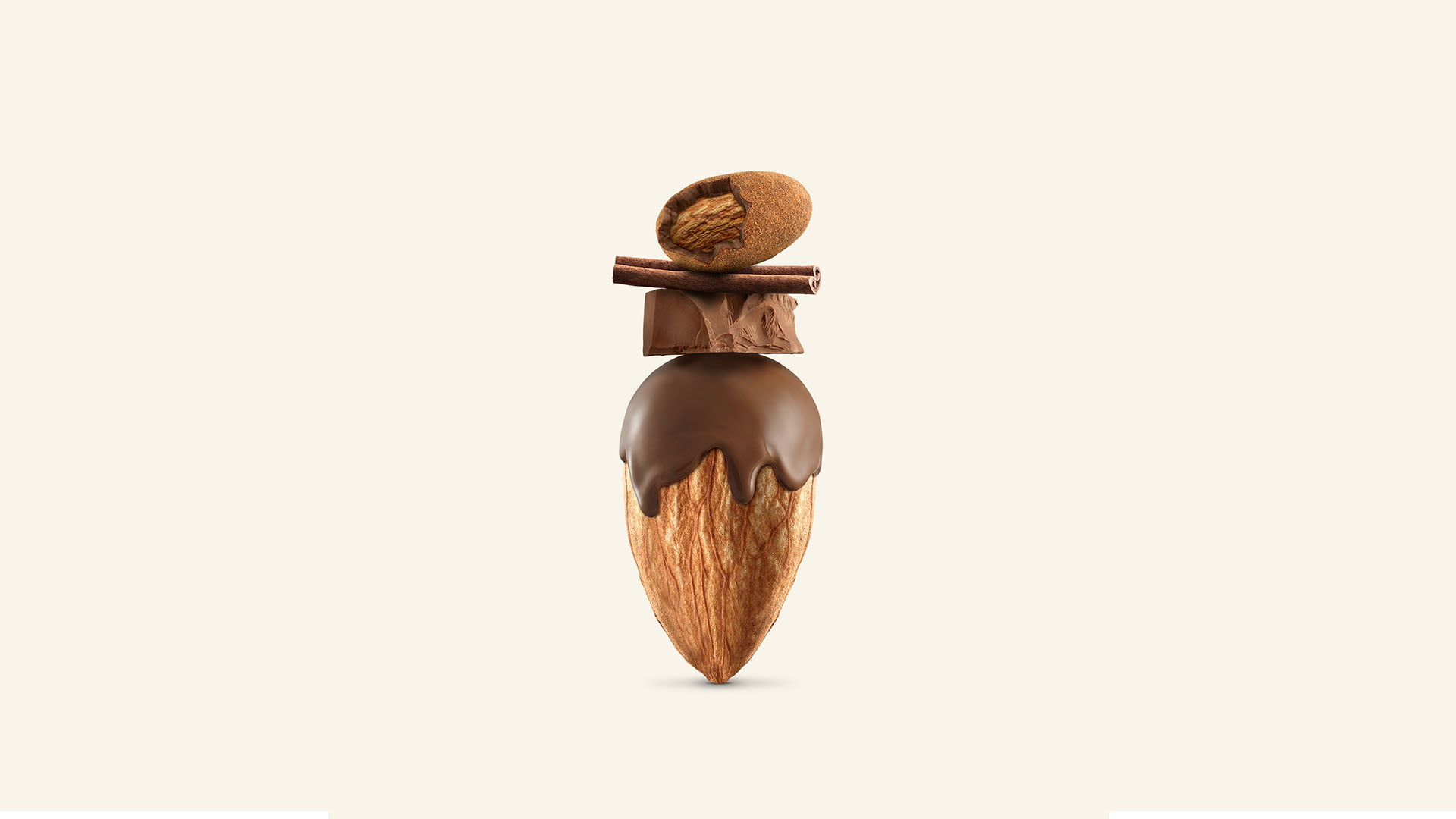 A stylized food image of a large almond half-dipped in dripping dark chocolate, stacked with a piece of chocolate and a cinnamon stick, resembling a sweet totem on a light background.