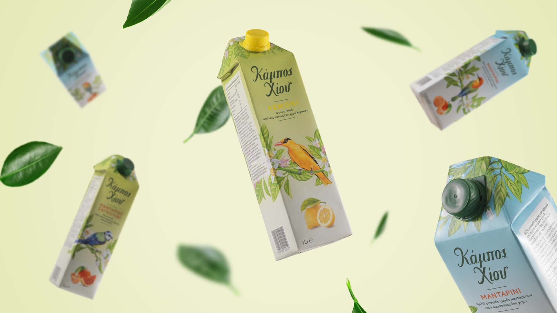 Chios Gardens juices and fruit drinks rebranding on Tetra Pak containers floating around tree leaves