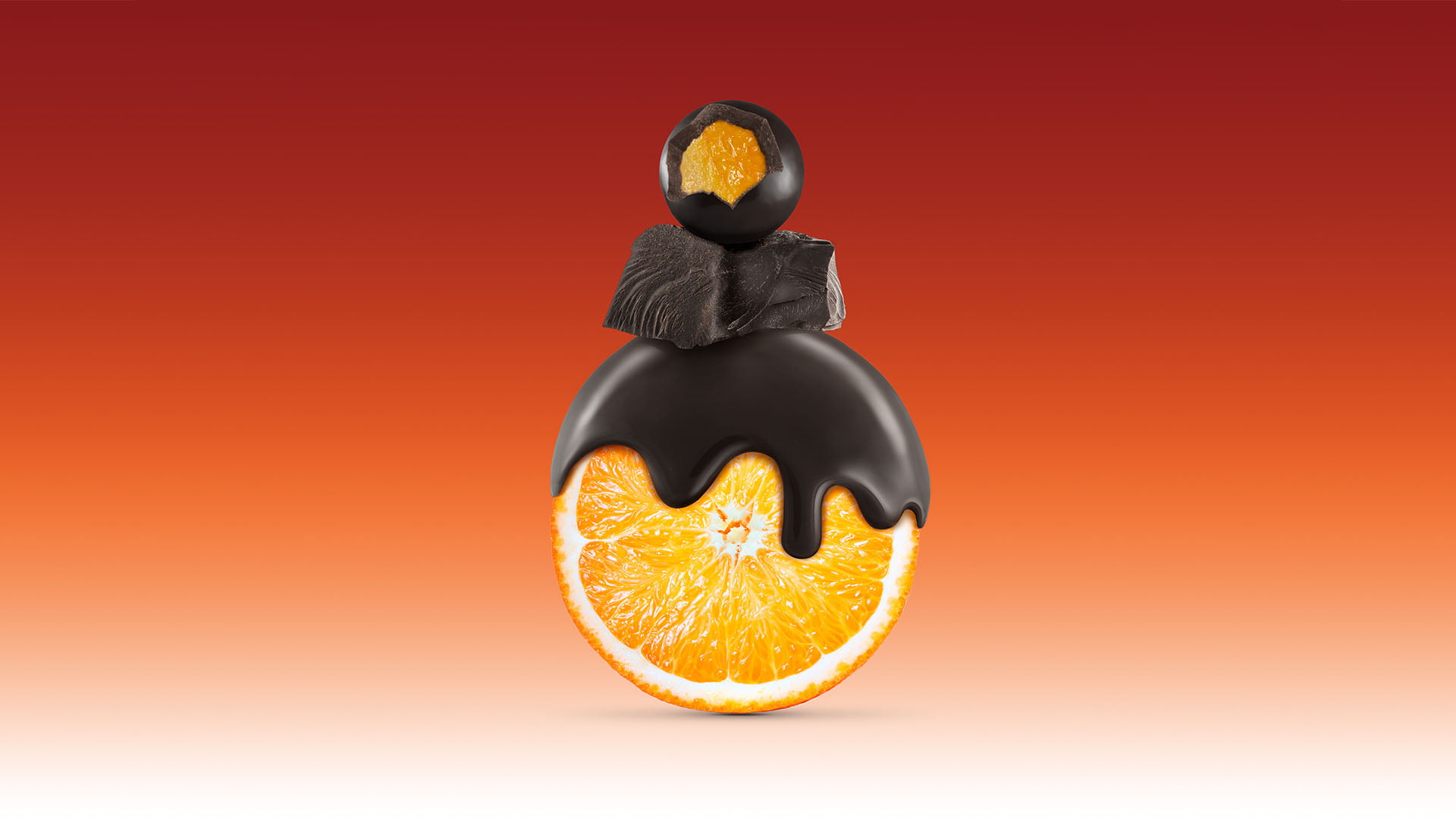 A stylized image of a sliced orange half covered in dripping dark chocolate, resembling a sweet totem or figure, set against an orange-to-white gradient background.