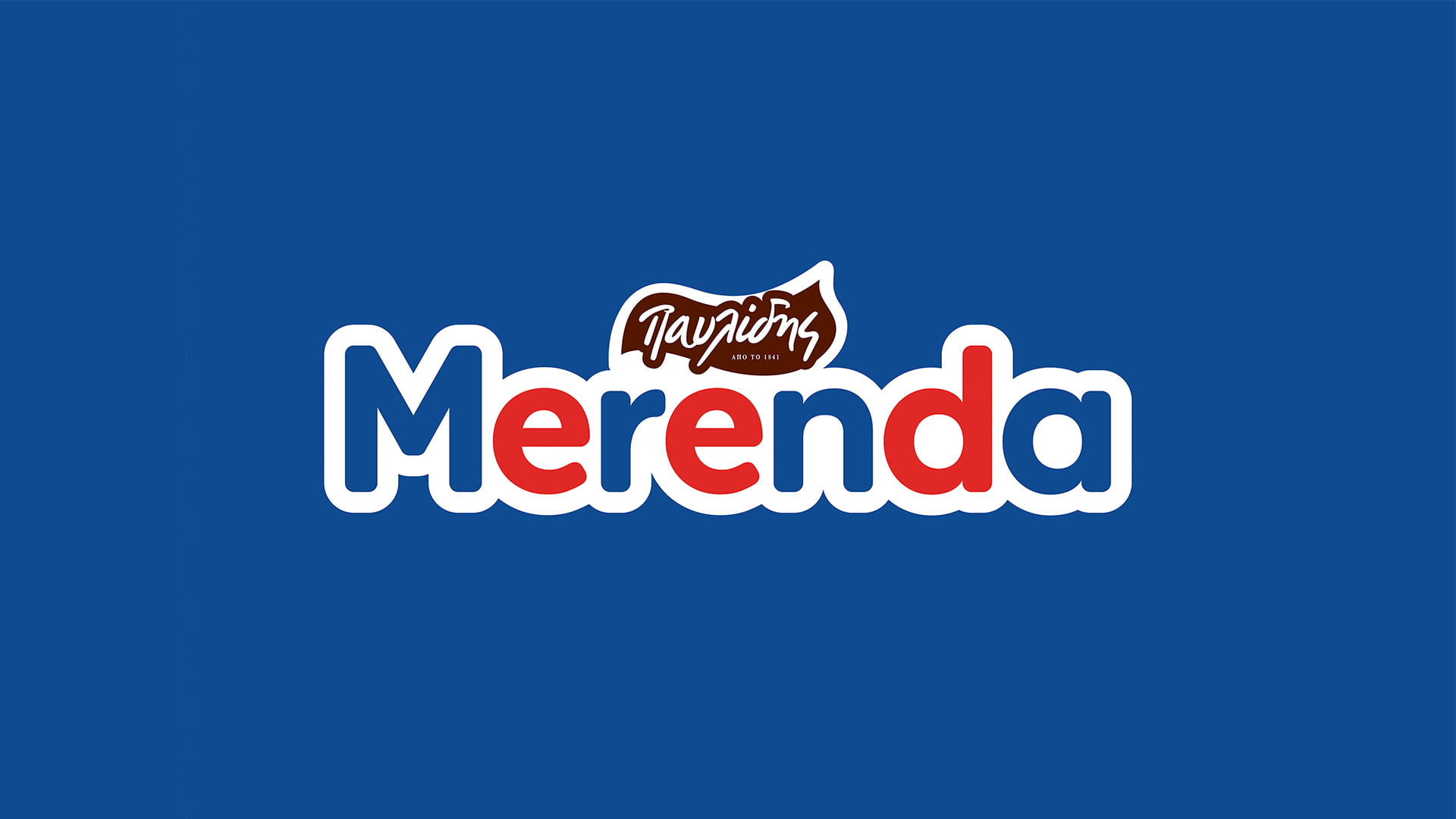 The redesigned logo for Merenda (by Pavlidis), showing the bold, rounded wordmark in blue, red, and white, set against a solid blue background.