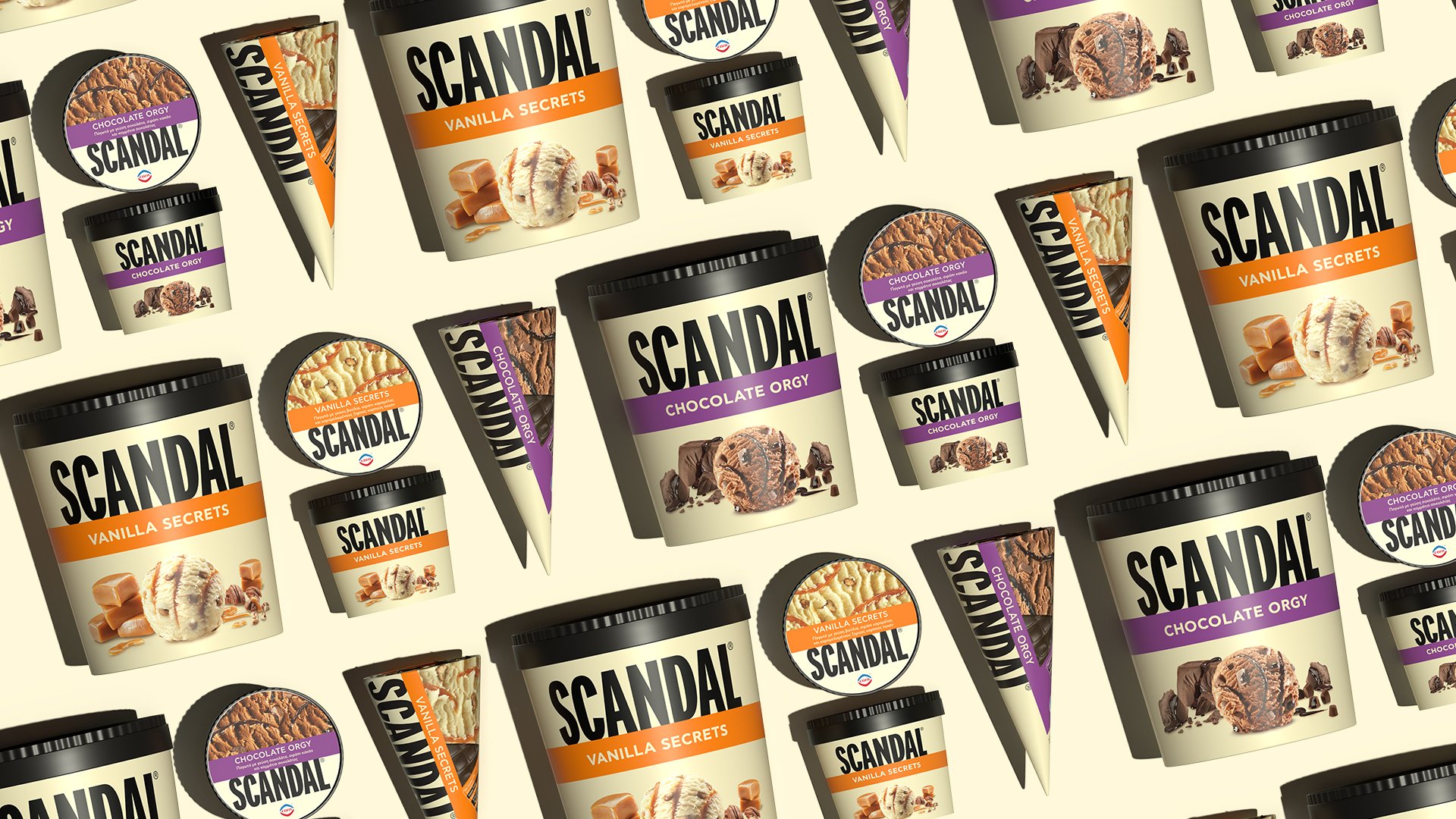 All redesigned Scandal ice creams product packages aligned