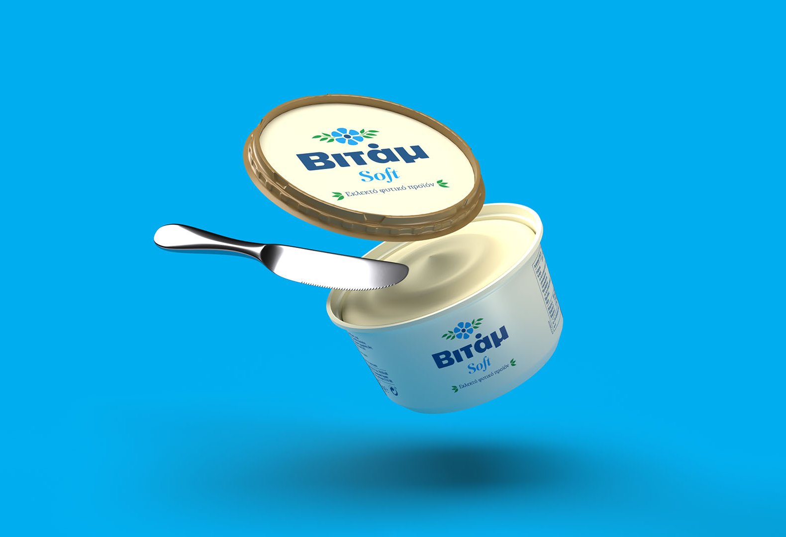 3d image of Vitam spread new beige and gold tub packaging next to a knife