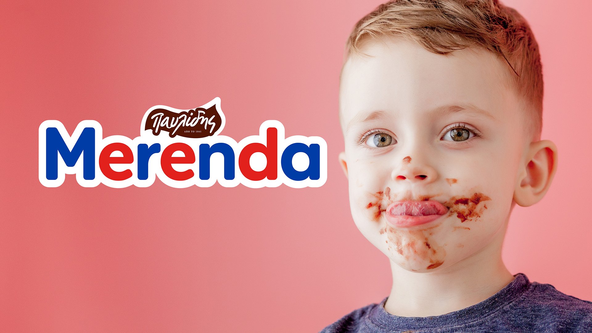 Merenda chocolate spread new logo next to child with chocolate smeared on his face