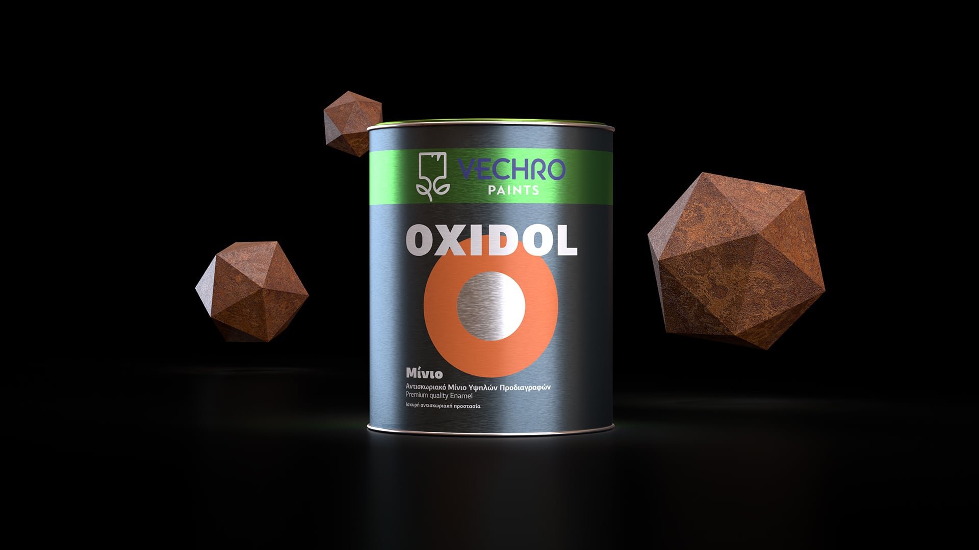 Vechro Oxidol paint can rebranded in black background