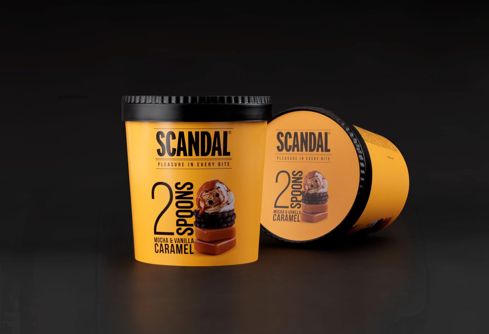 Scandal 2SPOONS mocha and vanilla caramel ice cream packaging