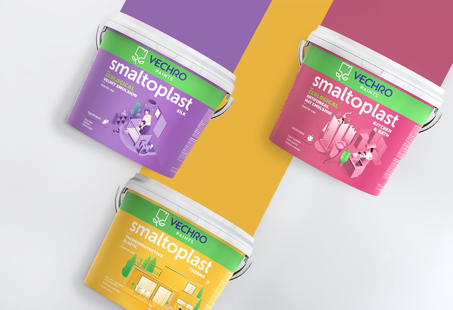 Three variants of Vechro Smaltoplast ecological paints redesigned packages