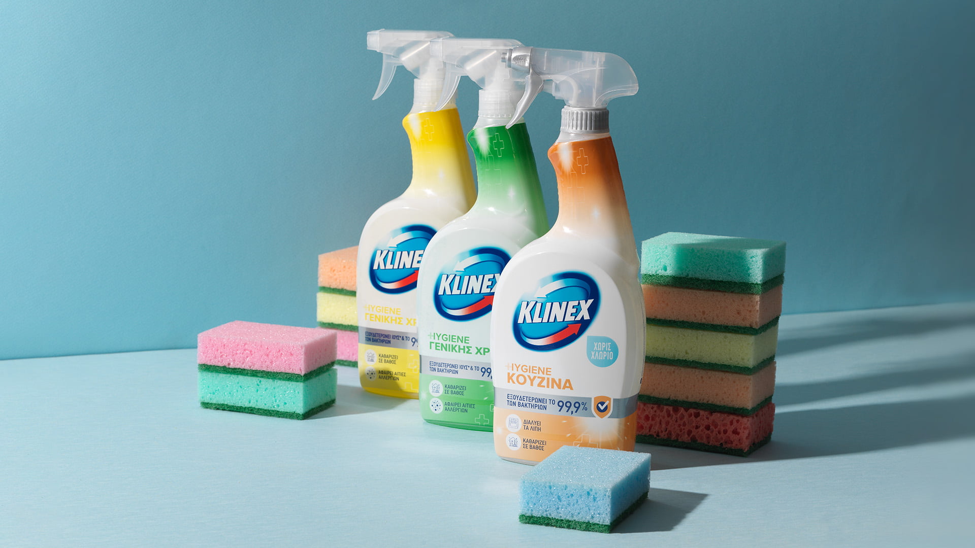3 KLINEX HYGIENE SPRAYS AND STACKS OF CLEANING SPONGES