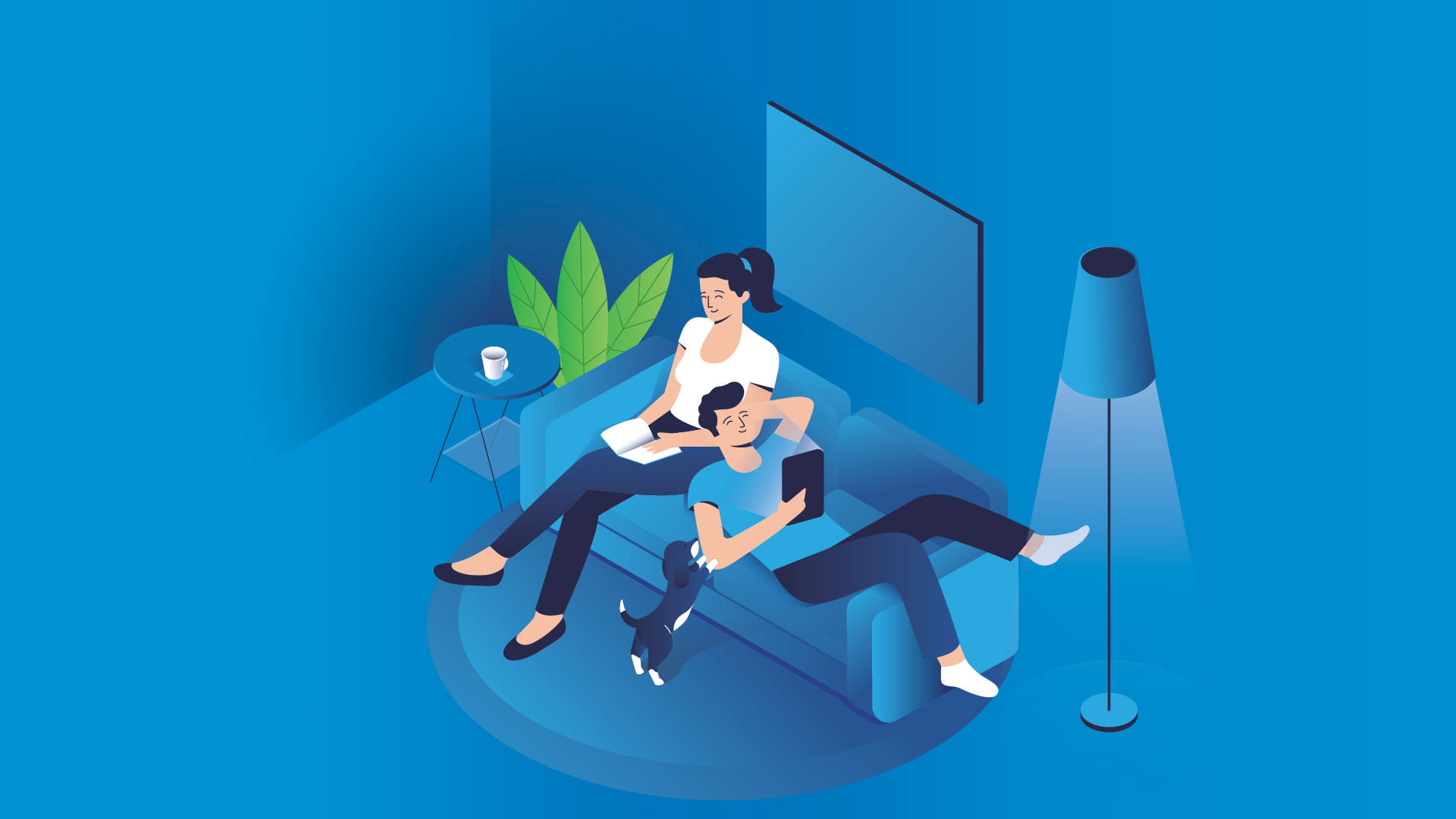 Illustration of man and woman sitting on a blue living room, as the key visual of the new Vechro Smaltoplast packaging