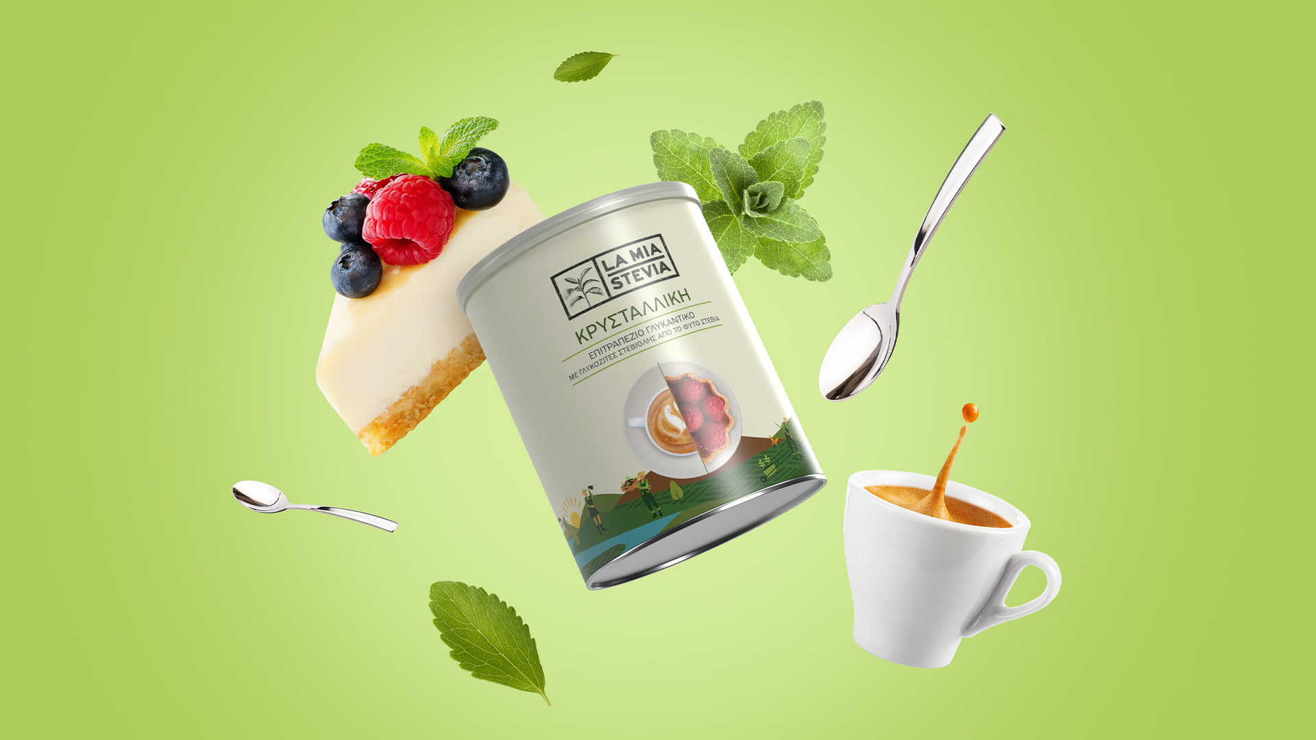 A canister of LA MIA STEVIA Crystalline sweetener floating dynamically among a slice of cheesecake with berries, a splashing cup of coffee, fresh stevia leaves, and spoons against a green background.