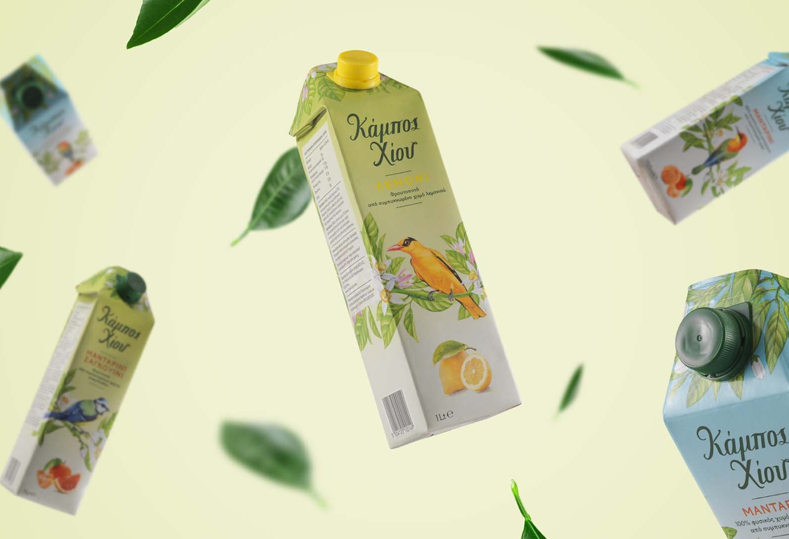 Chios Gardens juices and fruit drinks rebranding on Tetra Pak containers floating around tree leaves