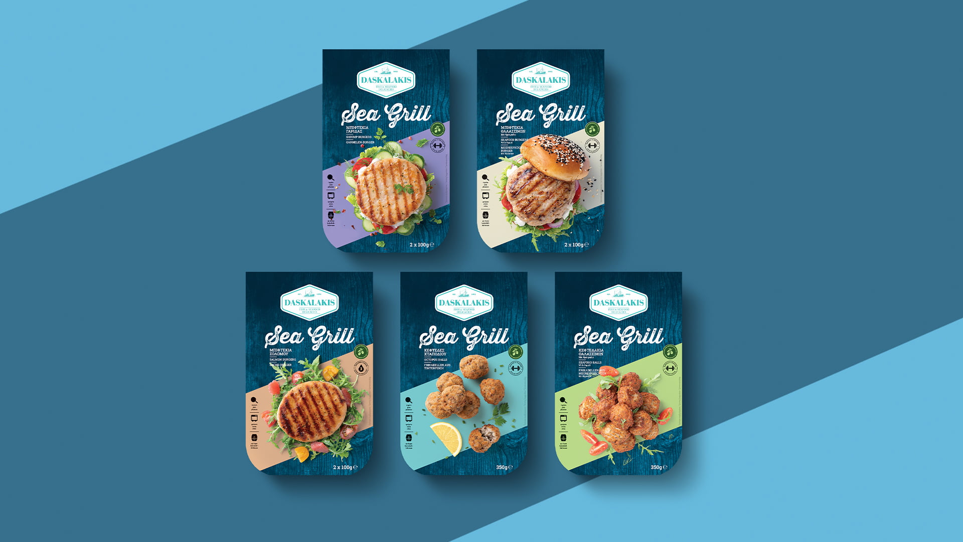 Studio mockup displaying the full range of five Daskalakis Sea Grill product packages arranged in two rows against a split blue background, showcasing the cohesive packaging design by 2yolk.