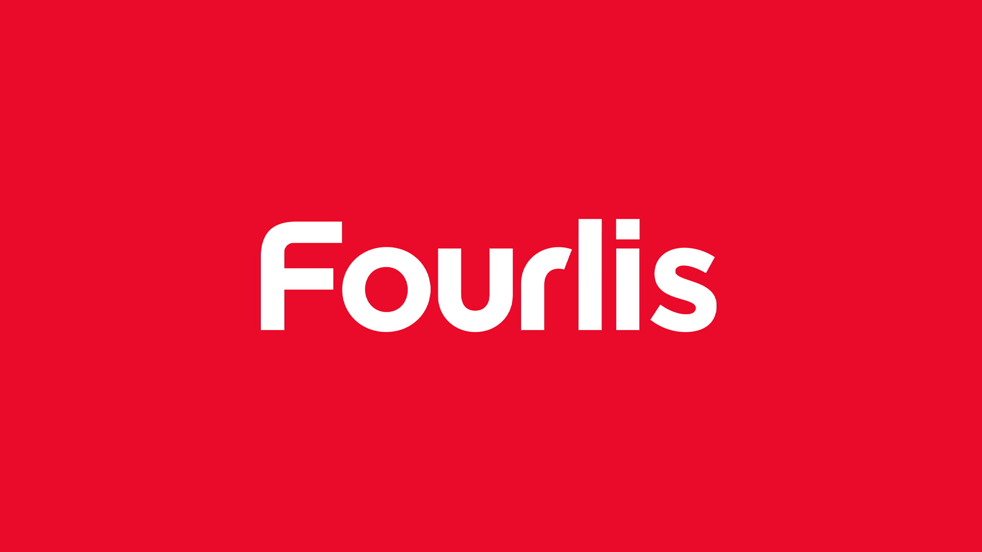 The new Fourlis corporate logo in white, shown as a modern sans-serif wordmark on a solid red background.