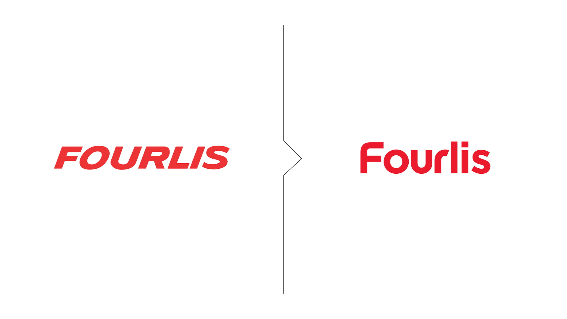 A comparison image showing the Fourlis logo rebranding: the old, italicized red logo on the left, and the new, modern, upright sans-serif logo on the right.