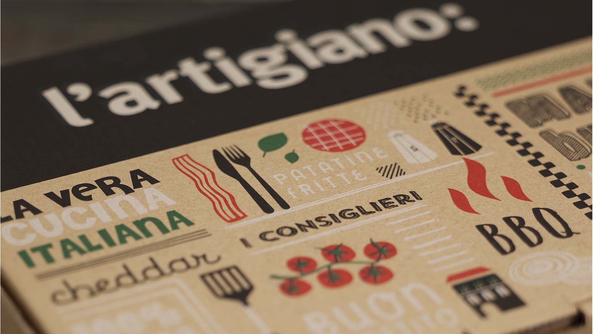 Packaging for L' artigiano Italian food delivery brand with custom illustrations