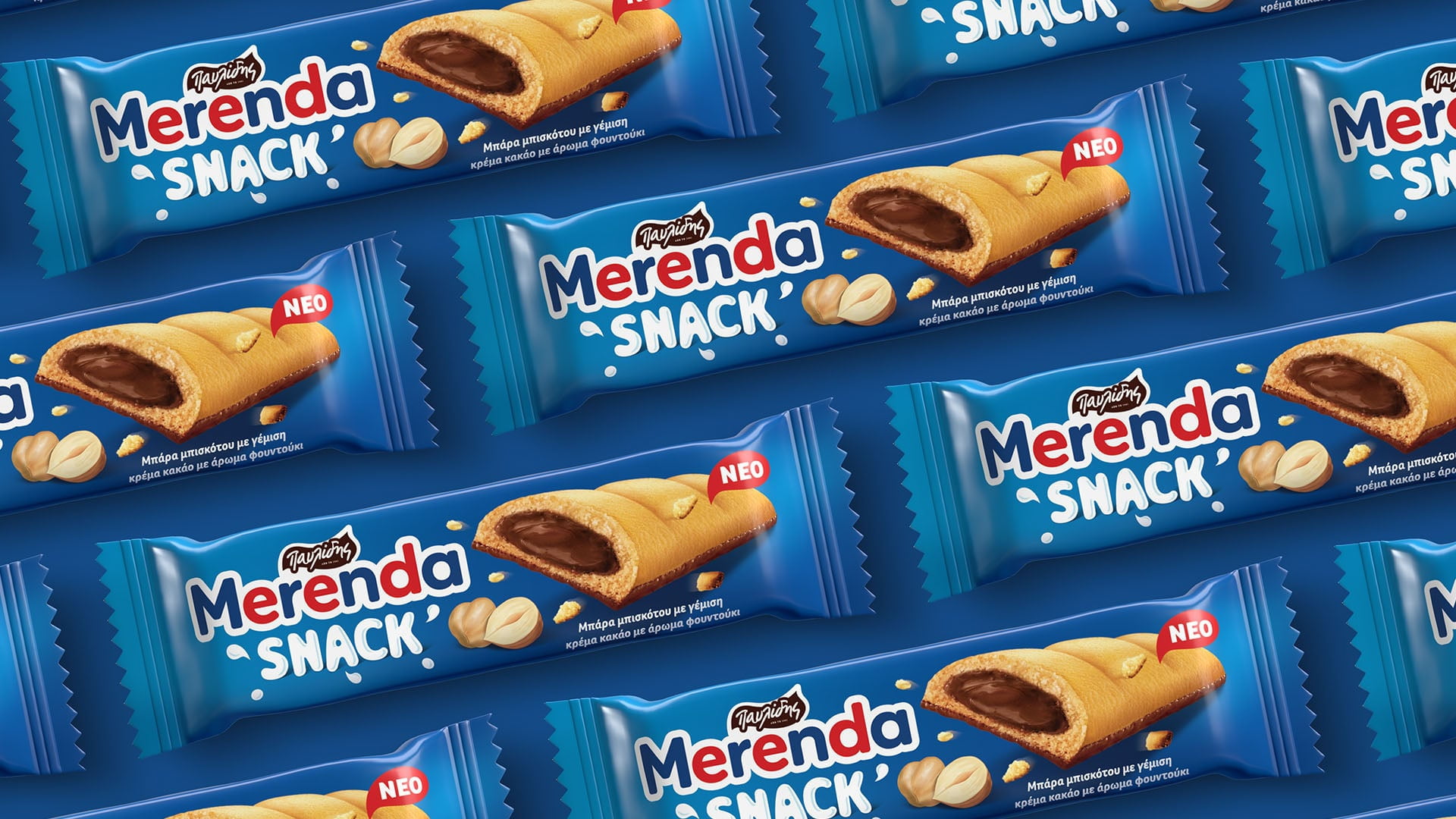 A repeating diagonal pattern of the blue Merenda Snack packaging, showing the wafer bar filled with chocolate hazelnut spread, set against a solid blue background.