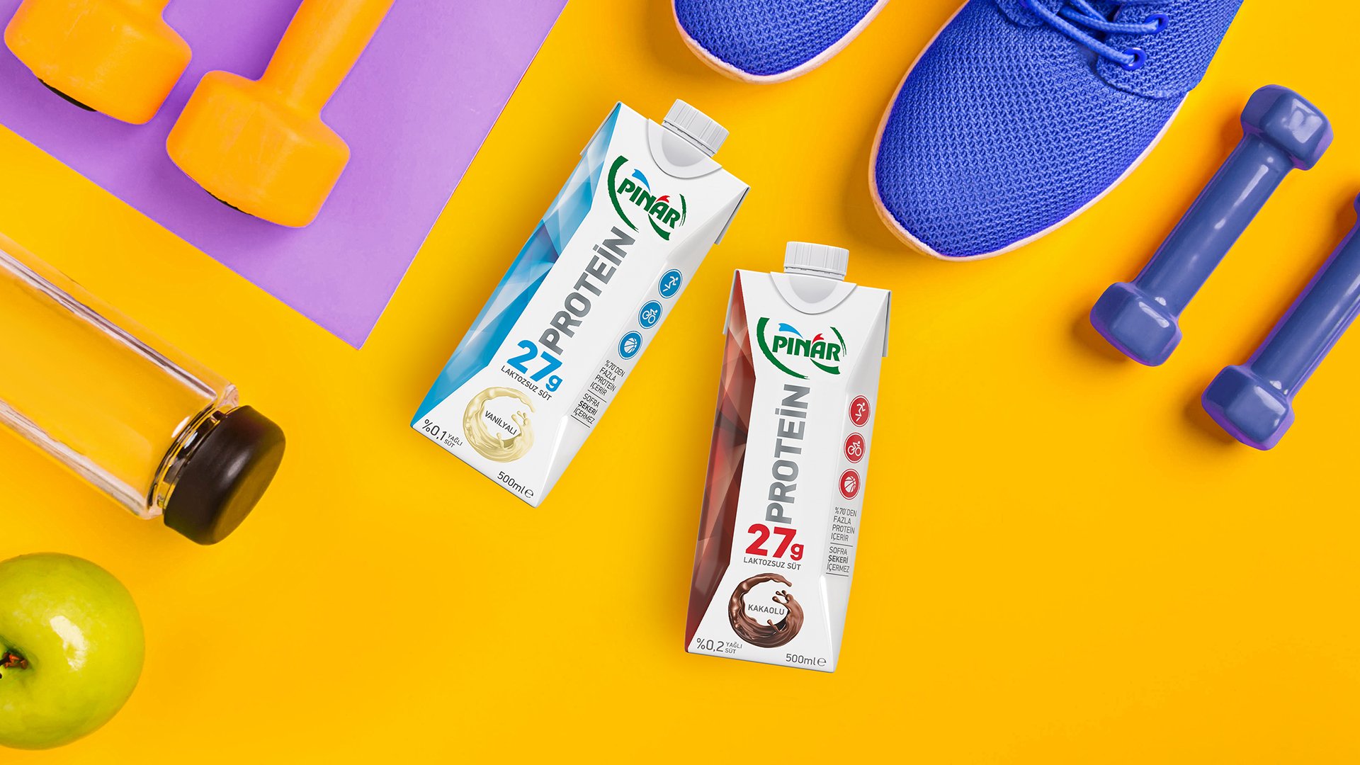 Pinar protein milk Tetra Pak packages of vanilla and cocoa variants next training equipment