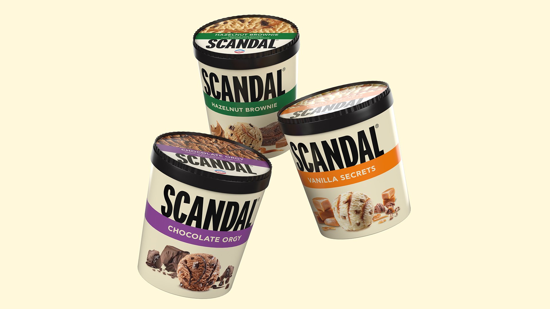 Scandal ice cream packaging redesign on three tubs of chocolate, praline and vanilla flavours