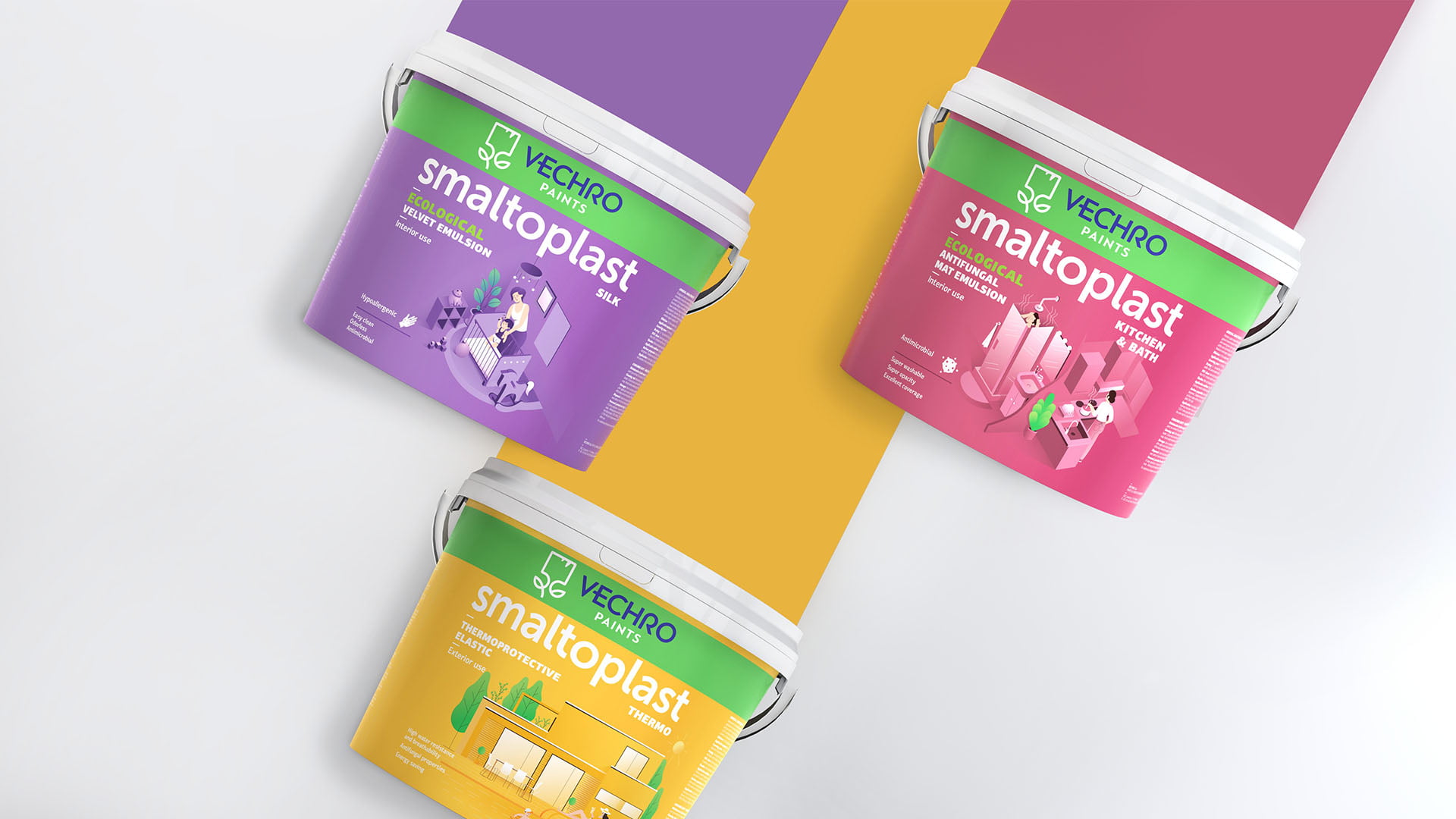 A product lineup of three VECHRO PAINTS smaltoplast paint buckets, showing the 'SILK' (purple), 'KITCHEN & BATH' (pink), and 'THERMO' (yellow) varieties, all floating against a dynamic yellow and pink background.