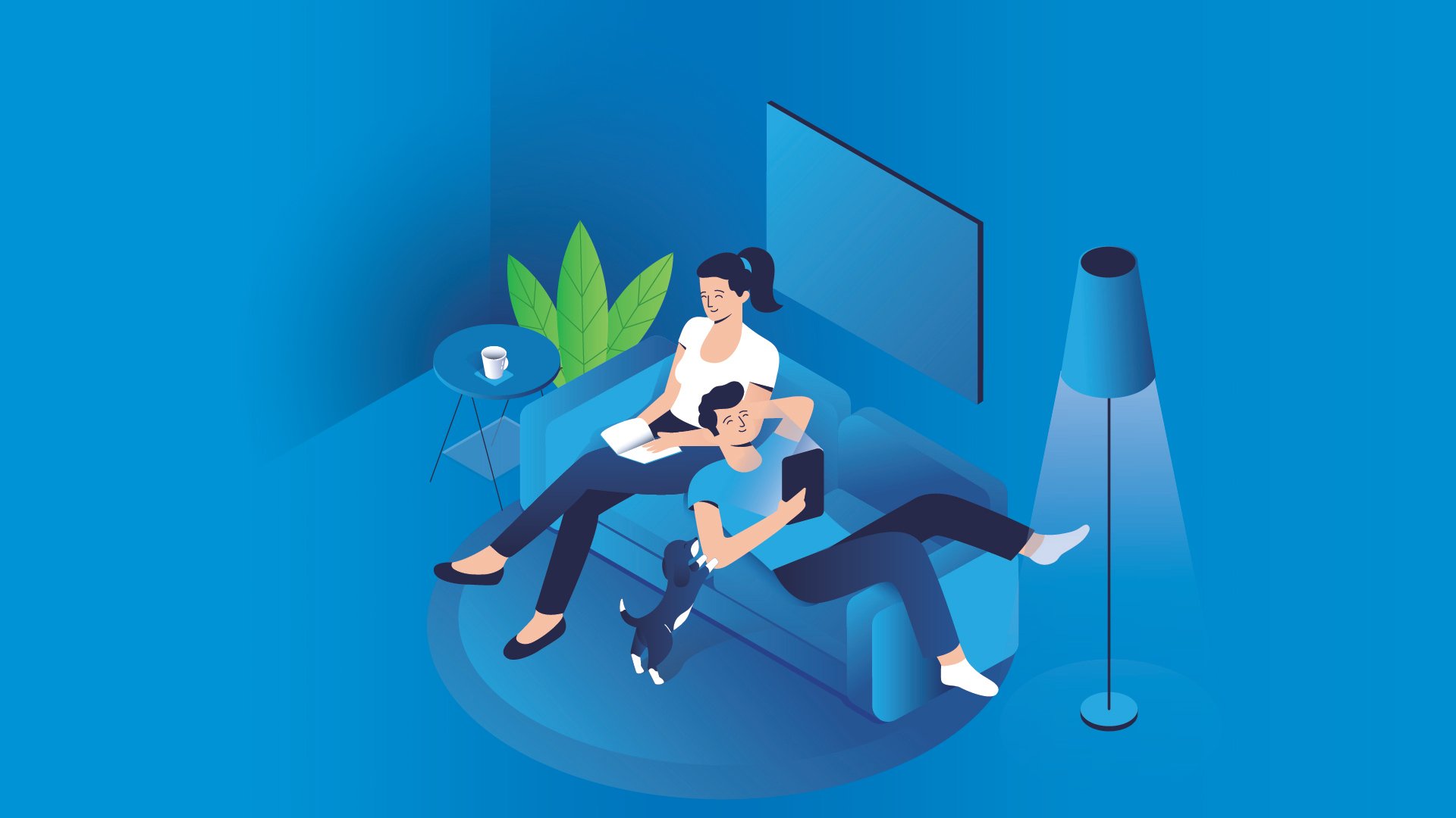 Illustration of man and woman sitting on a blue living room, as the key visual of the new Vechro Smaltoplast packaging
