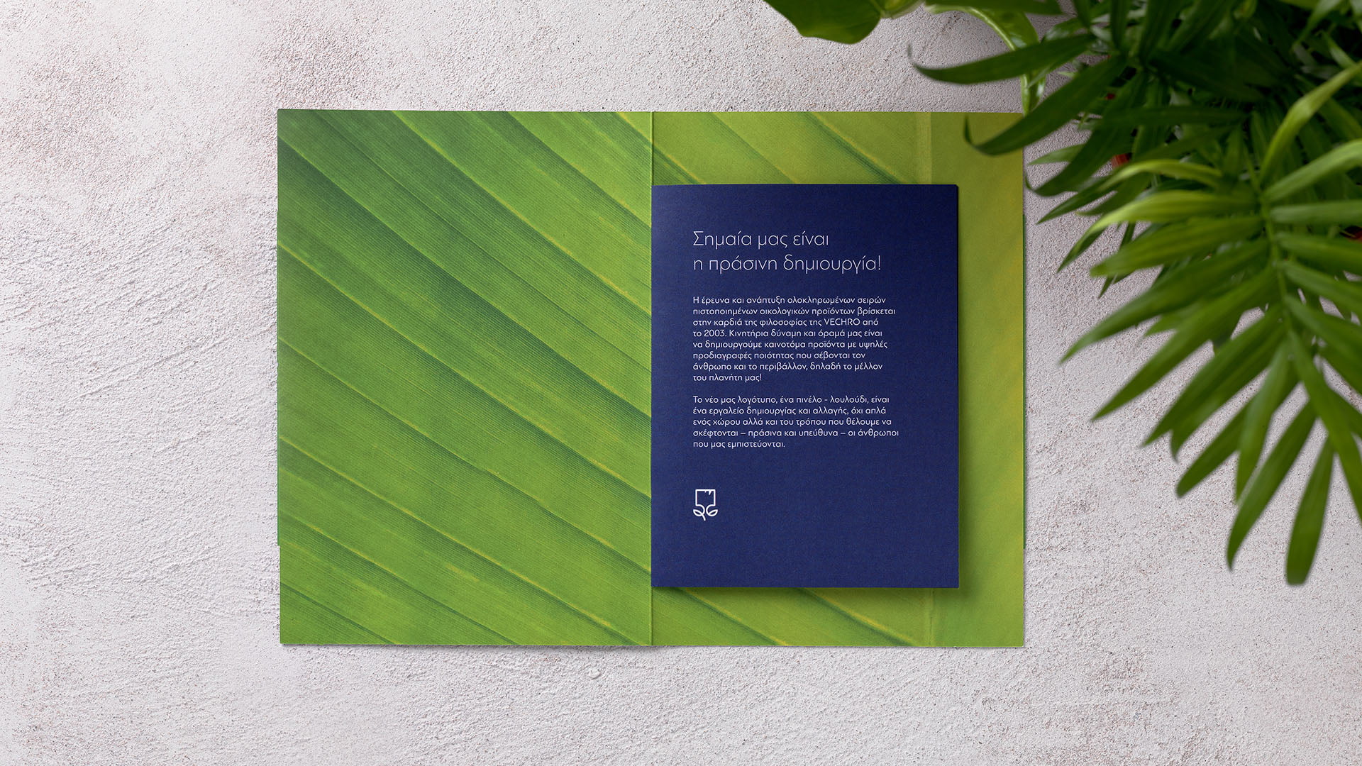 A brochure for VECHRO PAINTS lying open, with the interior left panel showing a close-up green leaf texture, and the right panel containing the brand's blue text block with the mission statement in Greek: "Σημαία μας είναι η πράσινη δημιουργία" (Our flag is green creativity/creation).