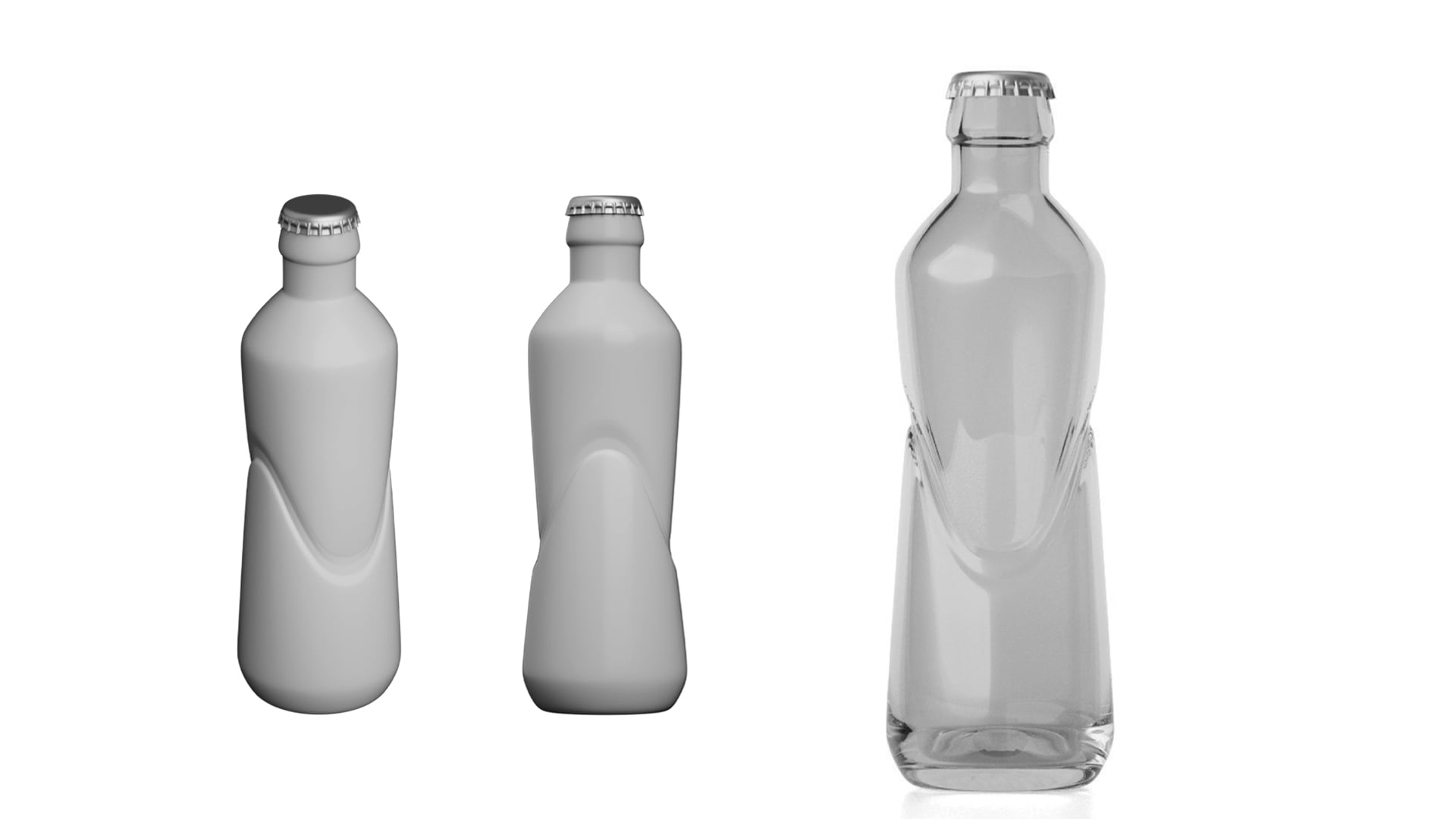 The custom industrial design of the new Vikos Cola glass bottle, shown as two grey 3D models and one final clear glass bottle, highlighting its unique curved grip shape.