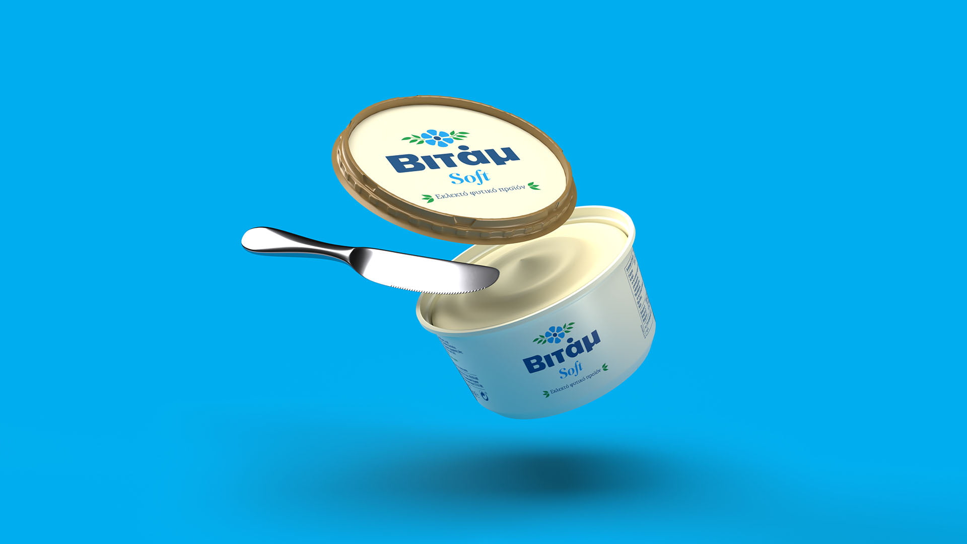 A 3D render of the rebranded Vitam Soft plant-based spread tub, shown floating with the lid open and a metal butter knife inserted into the spread, against a blue background.