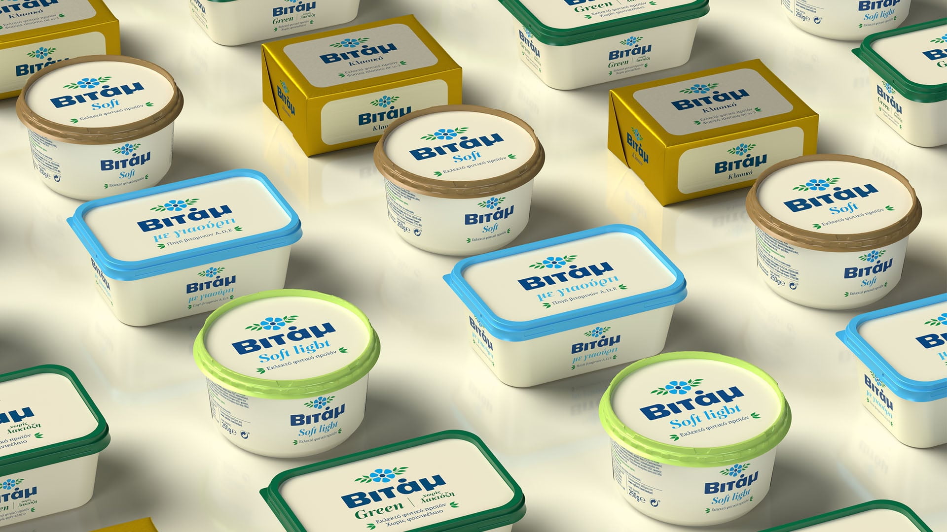 A dense product lineup of the rebranded Vitam spreads, showing tubs and blocks for varieties like Soft, Soft Light, Classic, and Greek, arranged in a repeating pattern.